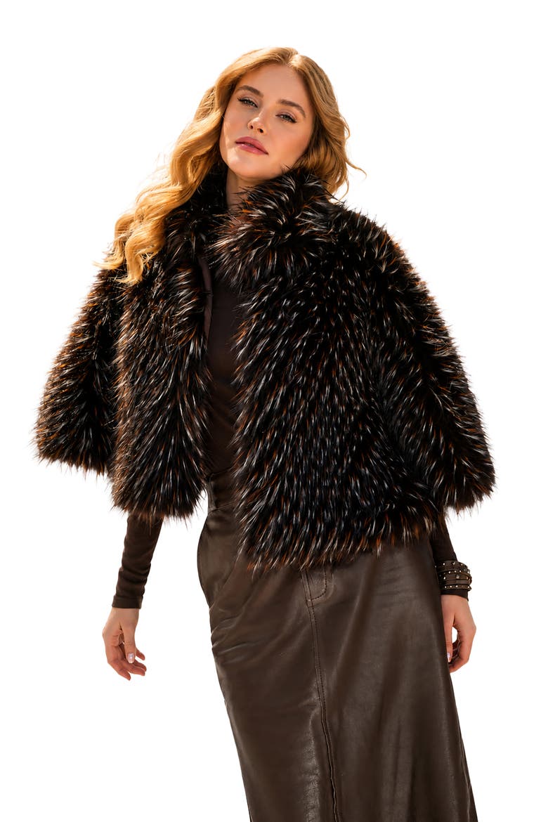 Faux Fur Capelet, Alternate, color, BROWN