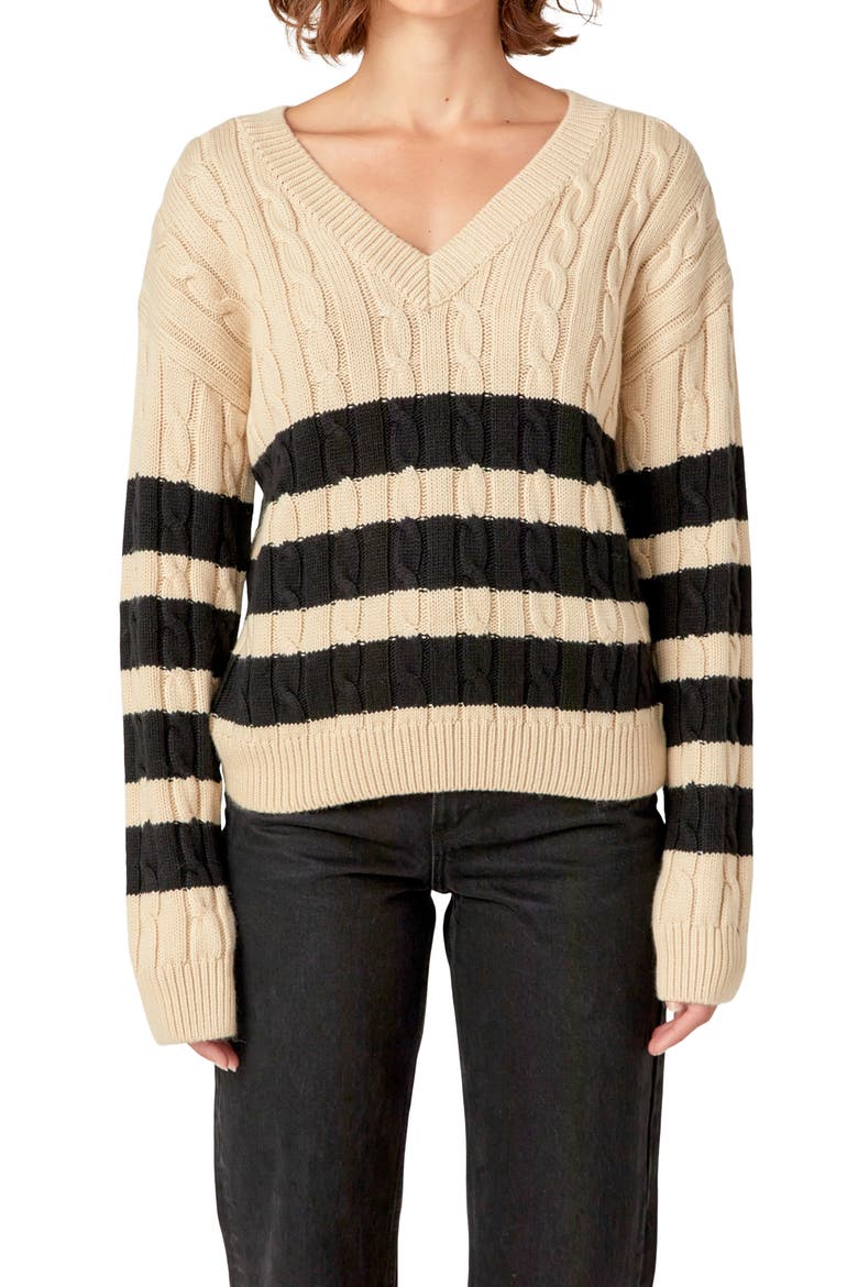 Stripe Cable Stitch Sweater, Alternate, color, BEIGE/BLACK