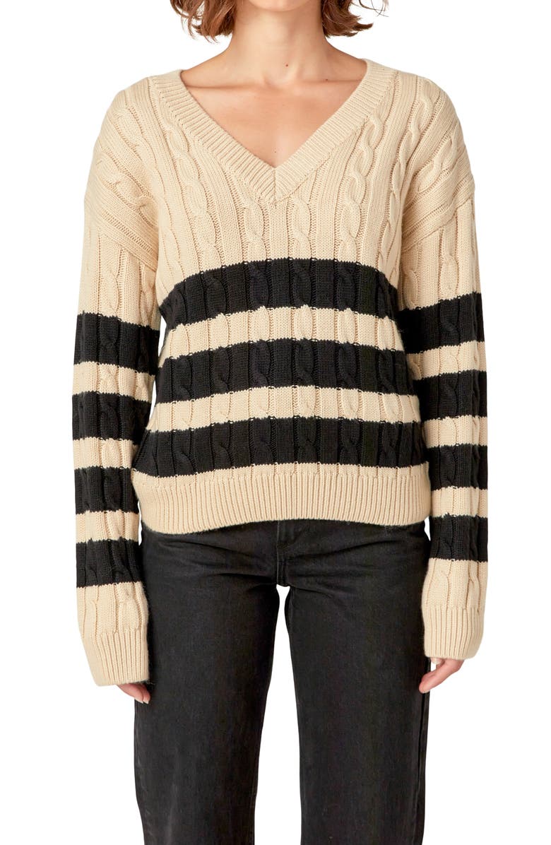 English Factory Stripe Cable Stitch Sweater, Alternate, color, Beige/Black