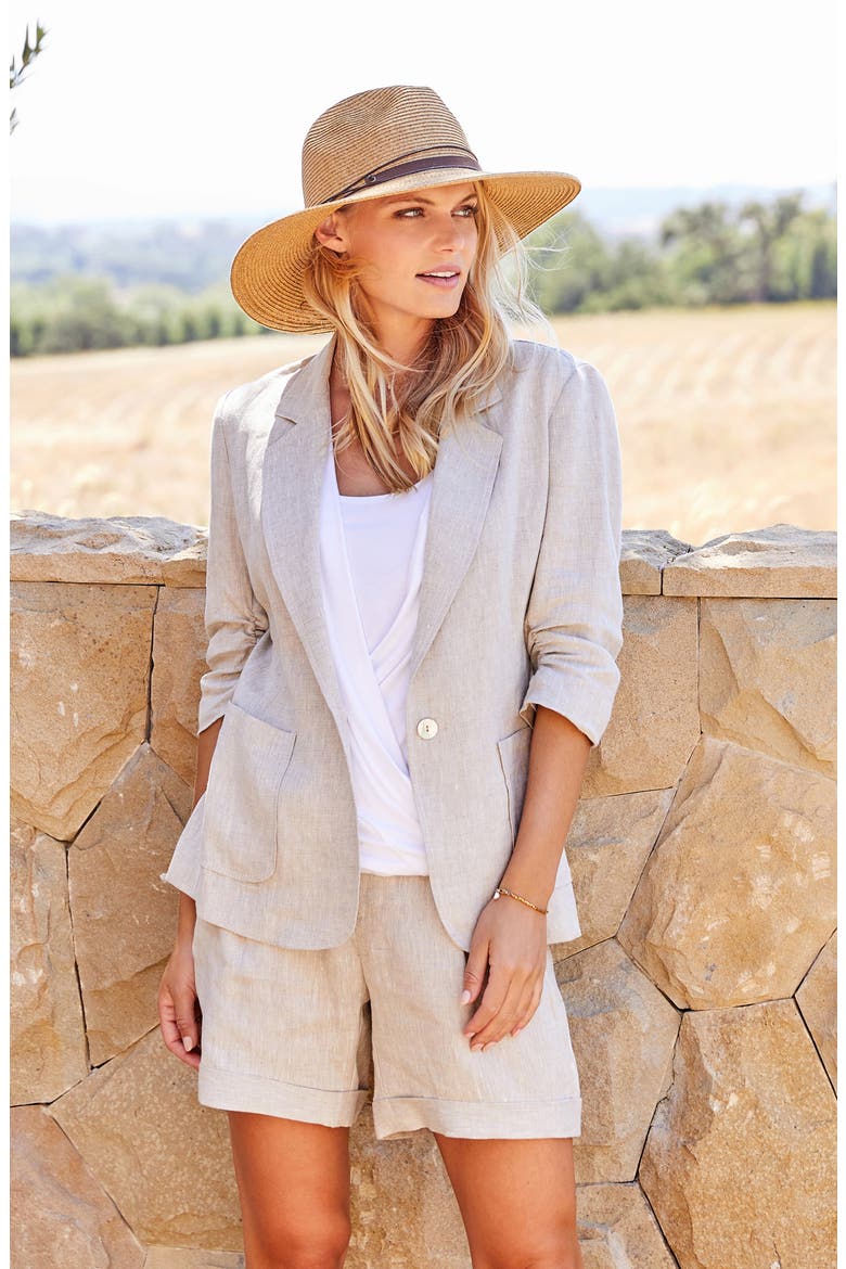 Ruched Sleeve Linen Blazer, Alternate, color, OATMEAL