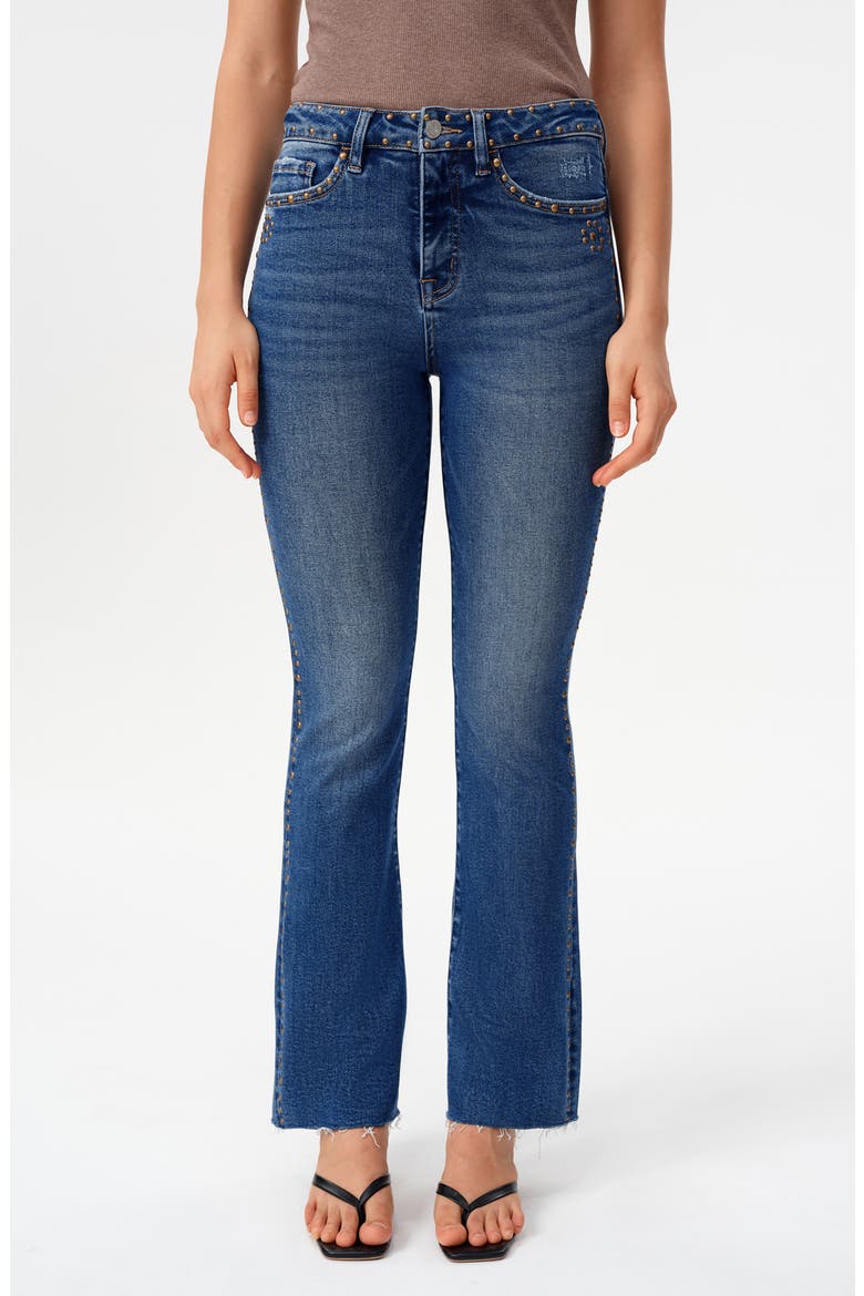 Rivet Studded High Waist Raw Hem Bootcut Jeans, Main, color, MEDIUM BLUE