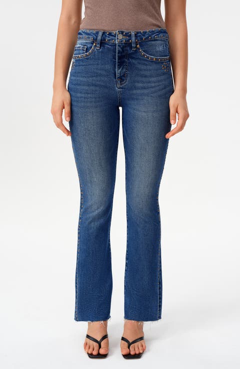 Rivet Studded High Waist Raw Hem Bootcut Jeans