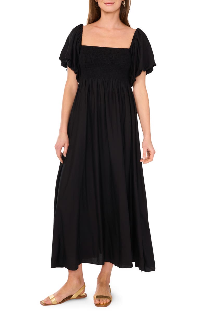 Vince Camuto Smocked Bodice Bubble Sleeve Maxi Dress, Main, color, Rich Black