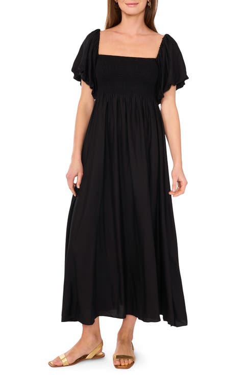 Smocked Bodice Bubble Sleeve Maxi Dress