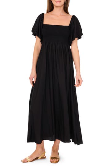 Vince Camuto Smocked Bodice Bubble Sleeve Maxi Dress In Black