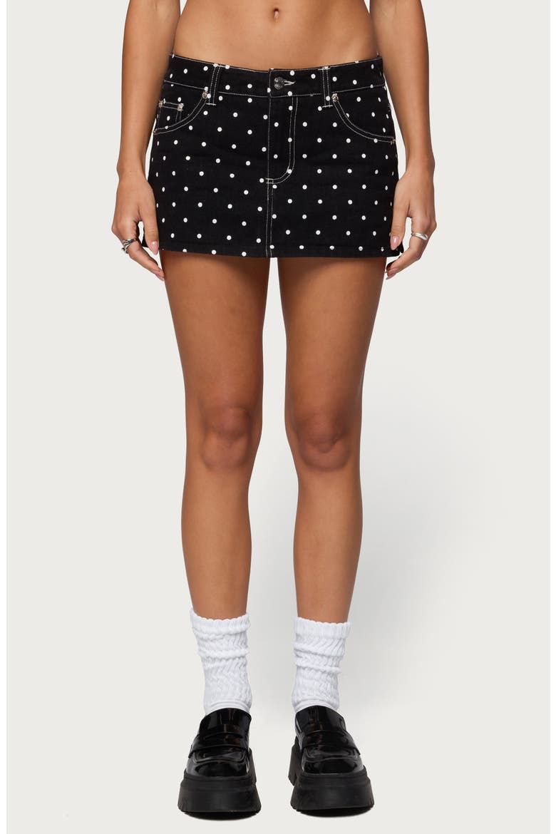 Freada Polka Dot Denim Miniskort, Main, color, BLACK-AND-WHITE