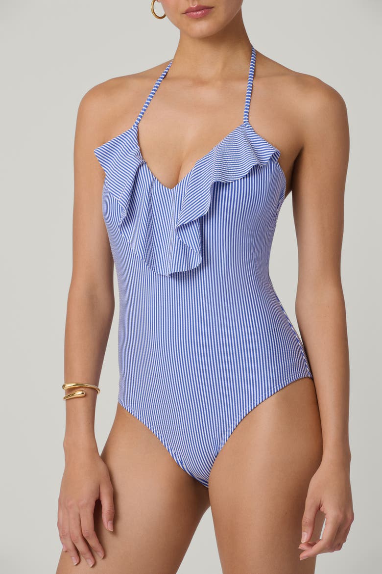 Seersucker Stripe Ruffle Maillot One-Piece, Alternate, color, French Blue/Optic