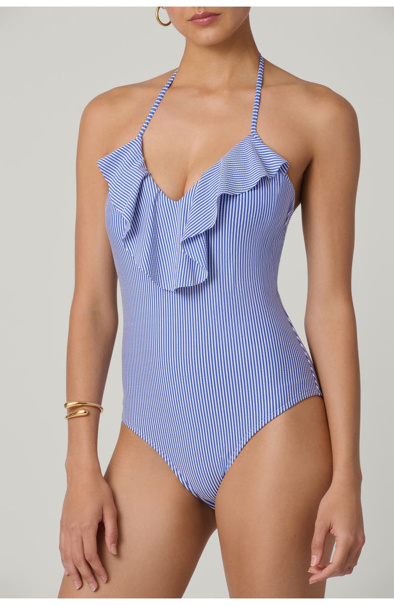 Shoshanna Seersucker Stripe Ruffle Maillot One-Piece, Alternate, color, French Blue/Optic