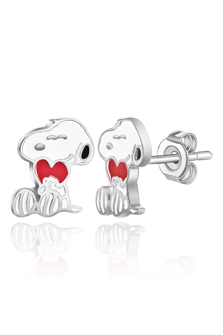 Snoopy Heart Stud Earrings, Silver Plated, Main, color, White, red