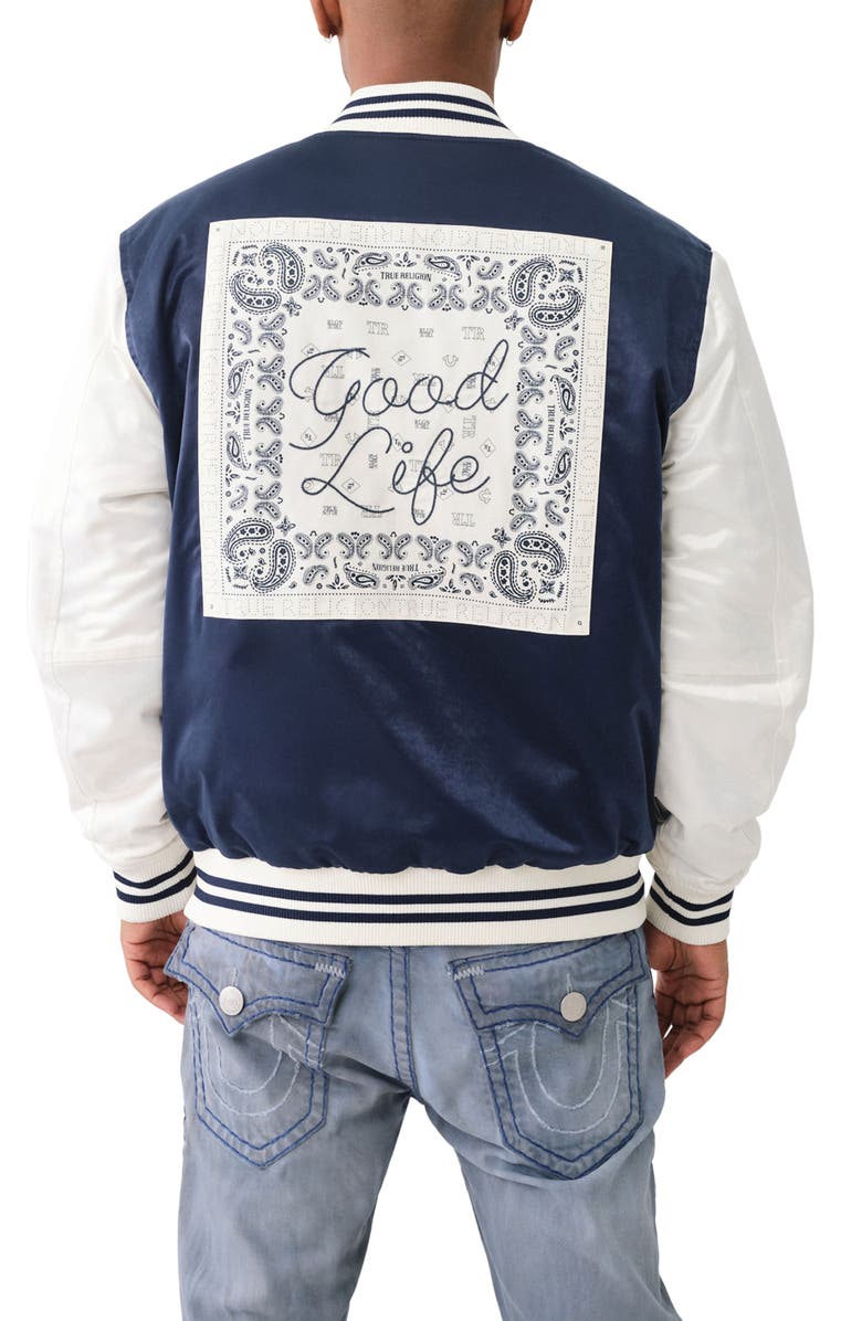 True Religion Souvenir Satin Snap-Up Varsity Jacket, Alternate, color,