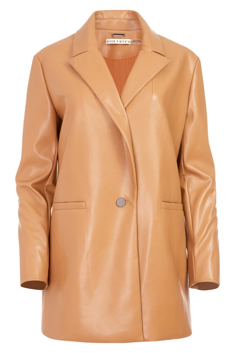 Dunn Loose Fit Faux Leather One-Button Blazer, Alternate, color, CAMEL