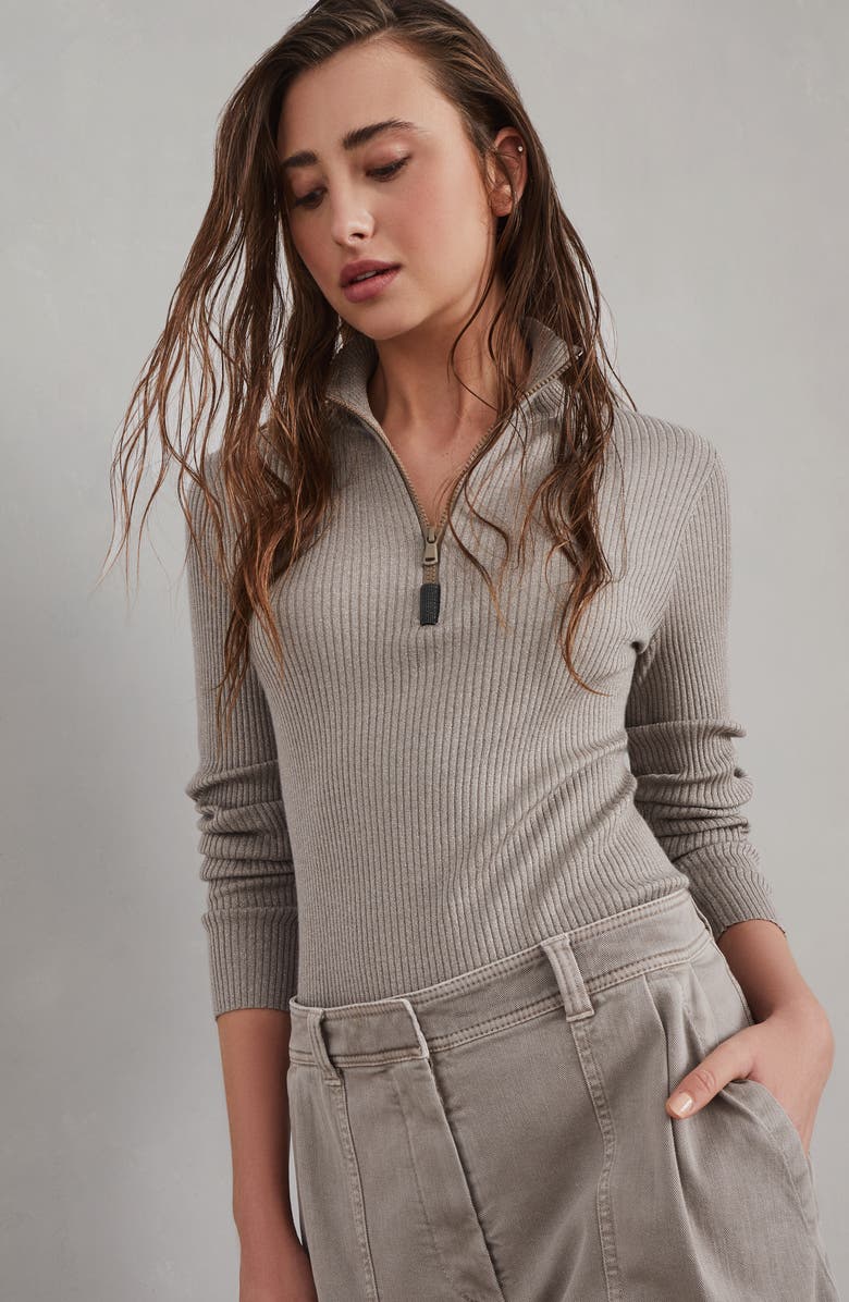 Brunello Cucinelli Sparkling cashmere and silk rib knit lightweight sweater with half zip and shiny detail, Alternate, color, 