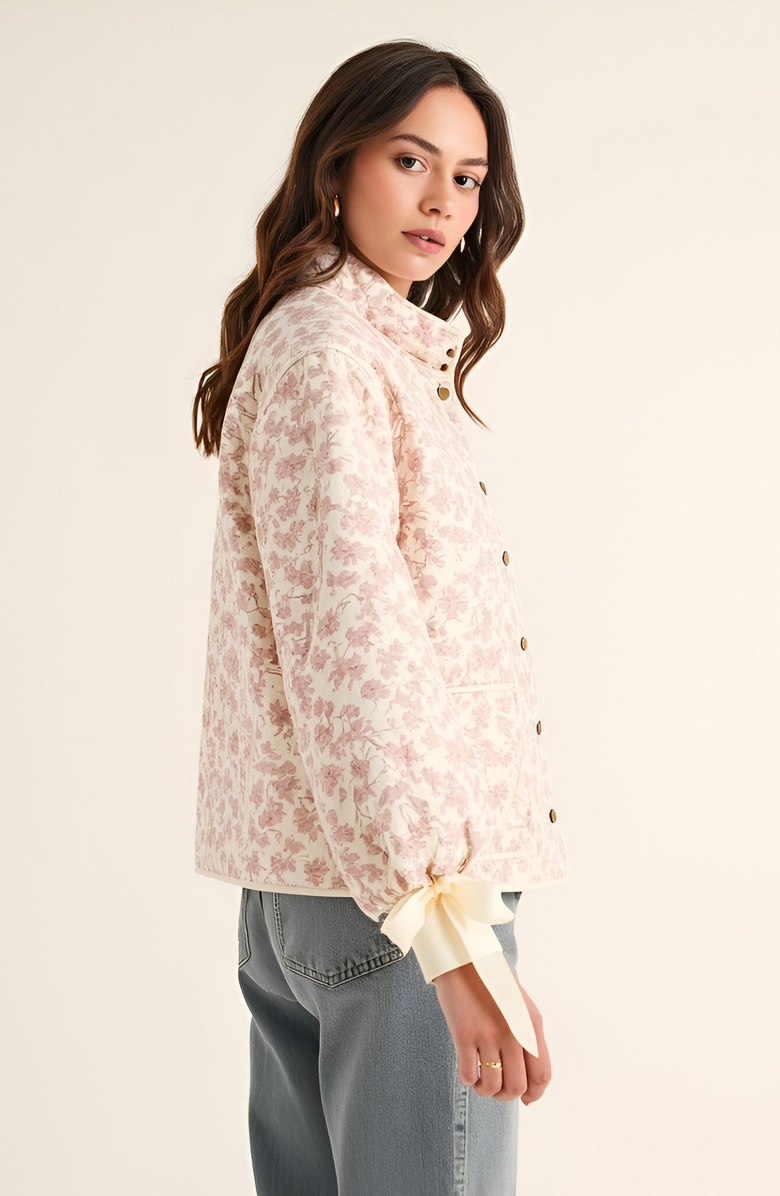 Modenaire Floral Quilted Jacket with Puff Sleeves and Satin Bow Cuffs, Alternate, color, Light Pink Floral