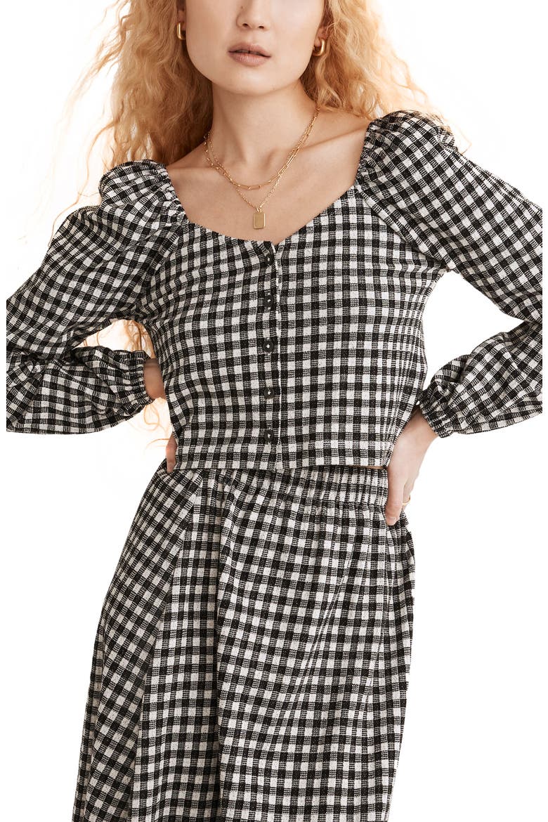 Gingham Puff Sleeve Button Front Crop Top, Main, color, TRUE BLACK