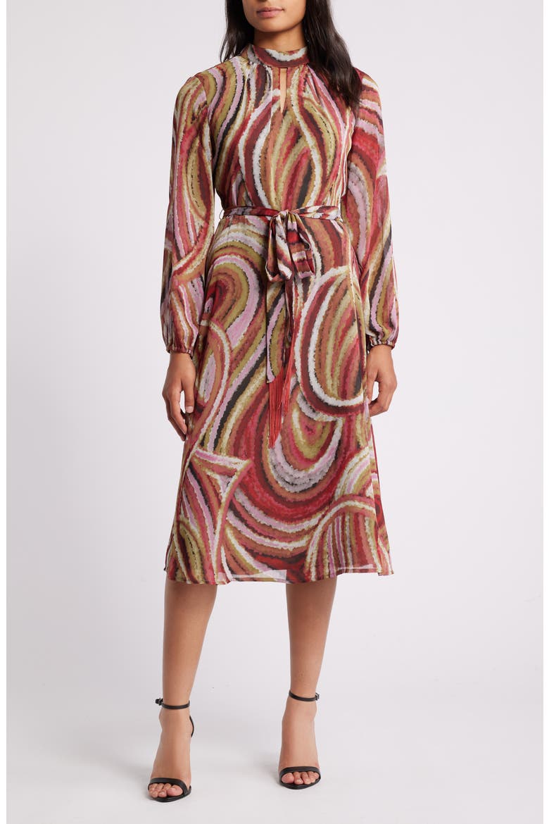 Print Tie Belt Chiffon Midi Dress, Main, color, OLIVE MULTI