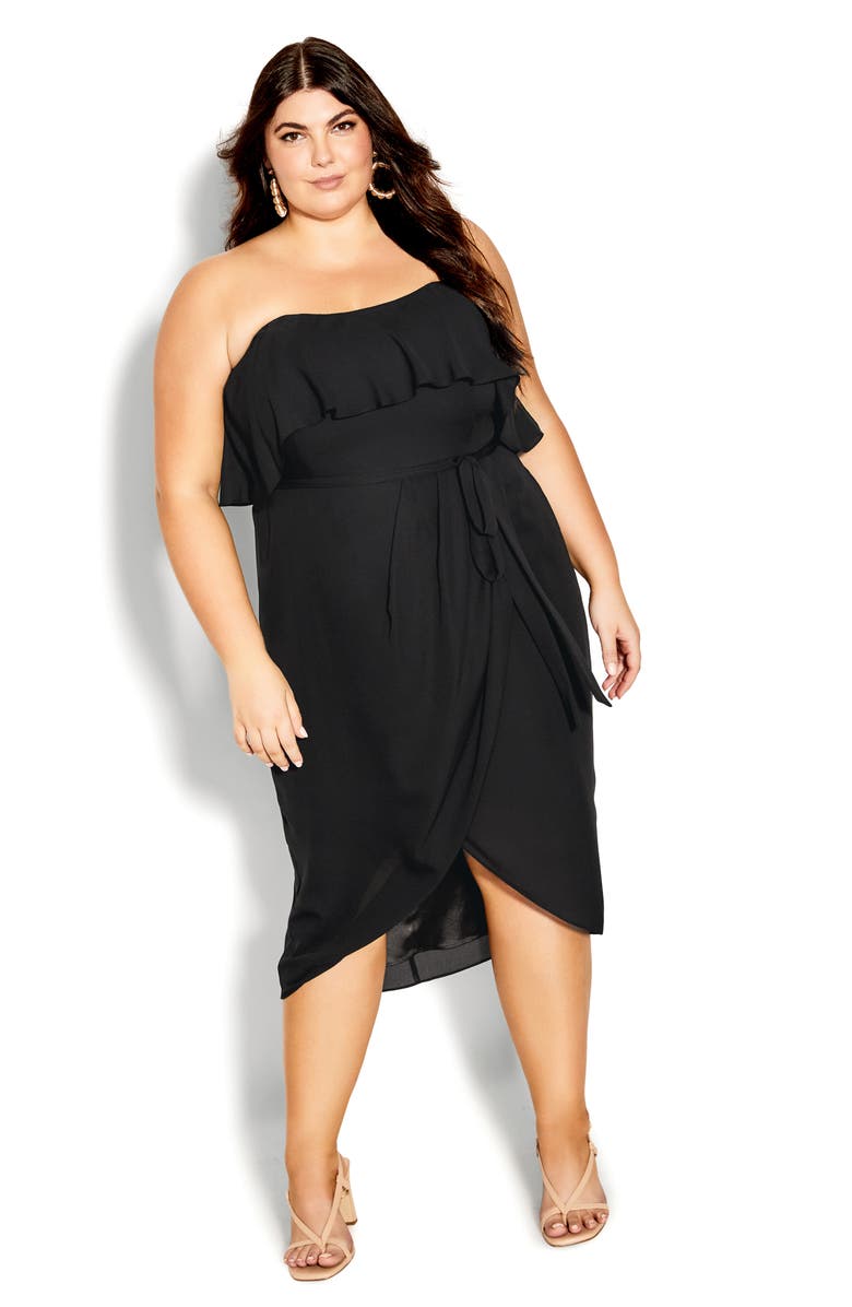 City Chic Fable Ruffle Tie Belt Dress, Alternate, color, Black