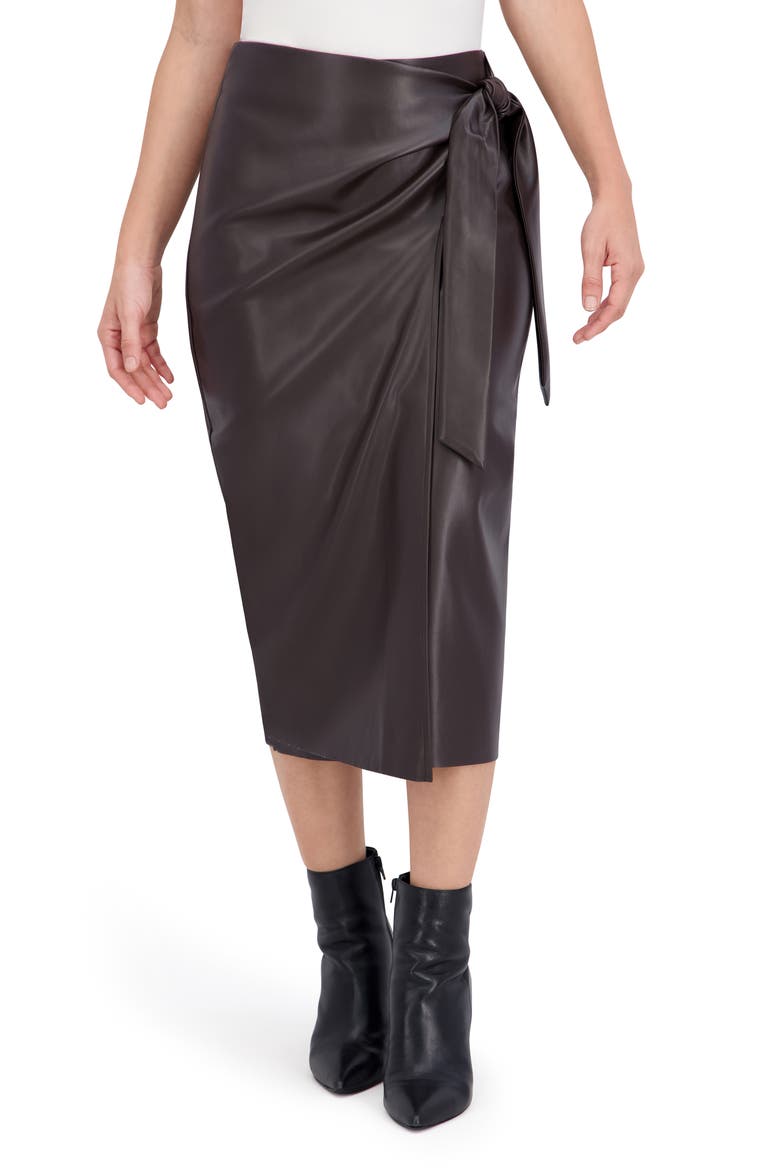 Supersoft Faux Leather Side Tie Midi Skirt, Main, color, BROWN