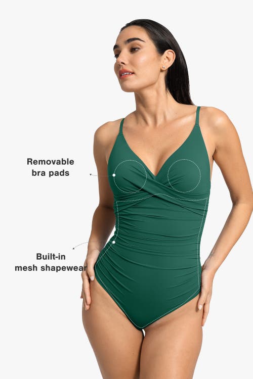 Popilush Shapewear Ruched Cross-front Sculpting One-piece Swimsuit In Bottle Green