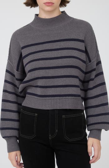 Blu Pepper Stripe Mock Neck Crop Sweater In Gray