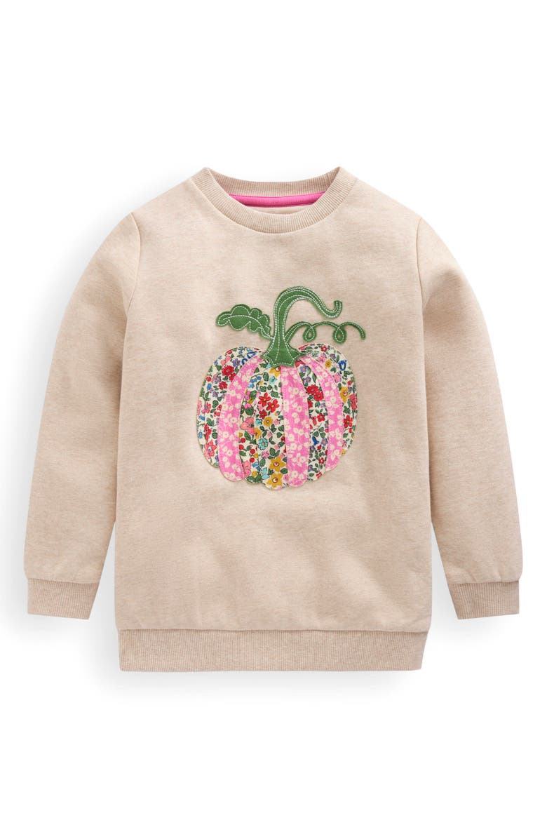Mini Boden Kids' Pumpkin Appliqué Sweatshirt, Main, color, Oatmeal Marl Pumpkin