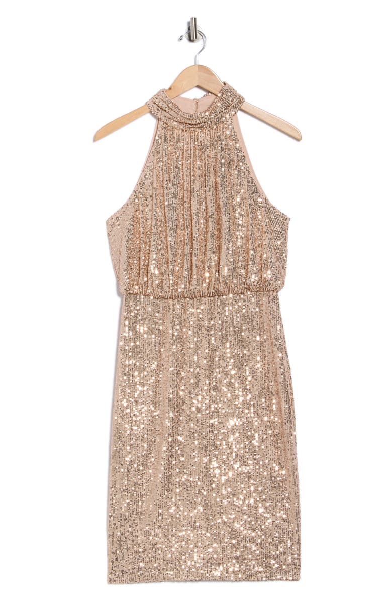 Eliza J Mock Neck Sleeveless Sequin Cocktail Dress, Alternate, color, Rose Gold