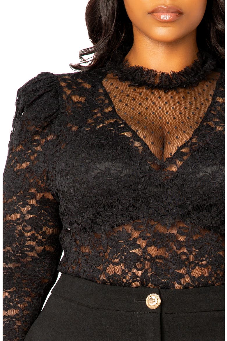 Sheer Stretch Lace Long Sleeve Bodysuit, Alternate, color, BLACK