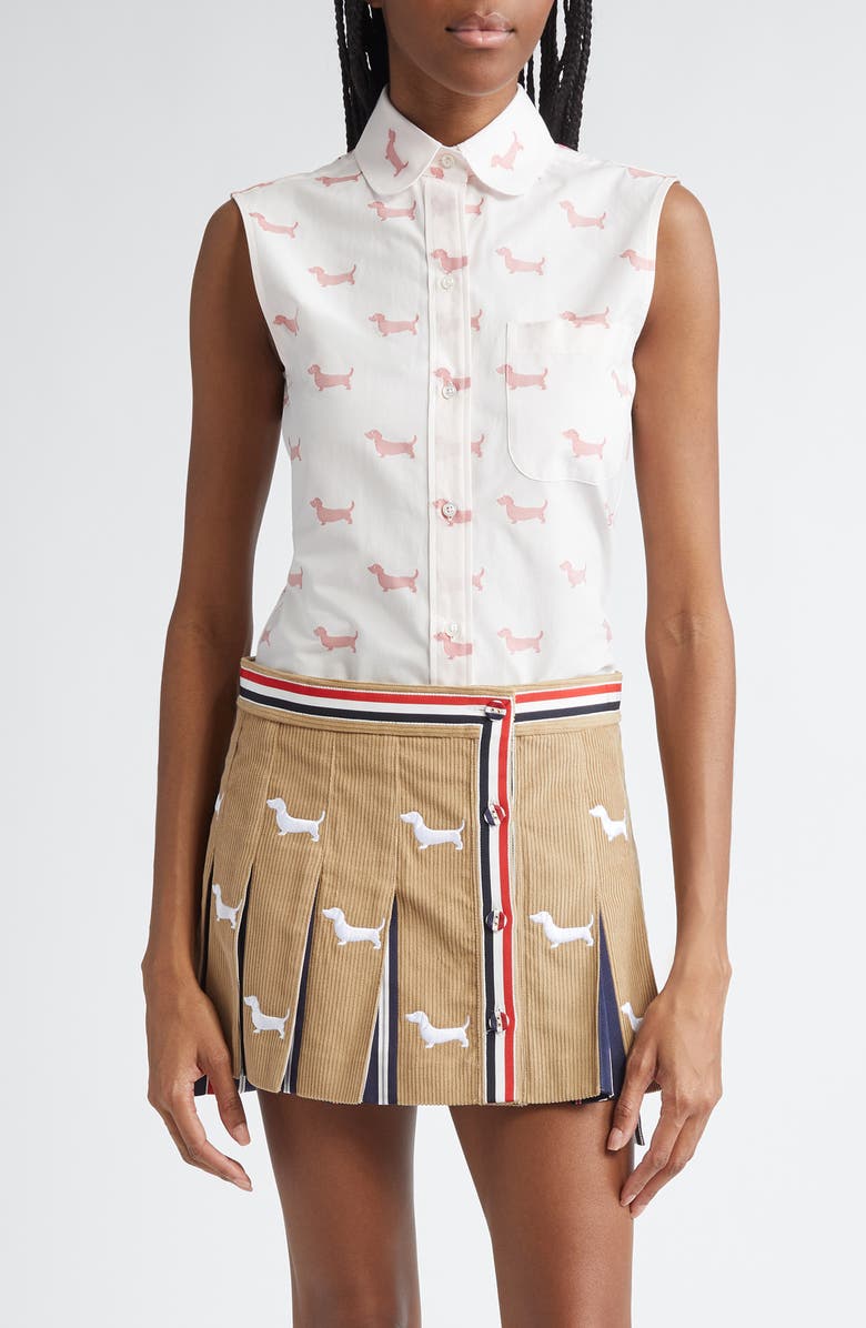 Thom Browne Hector Jacquard Sleeveless Round Collar Button-Up Shirt, Main, color, Red