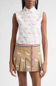 Thom Browne Hector Jacquard Sleeveless Round Collar Button-Up Shirt