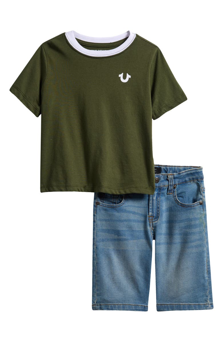 True Religion Logo Ringer T-Shirt & Denim Cargo Shorts, Main, color, 