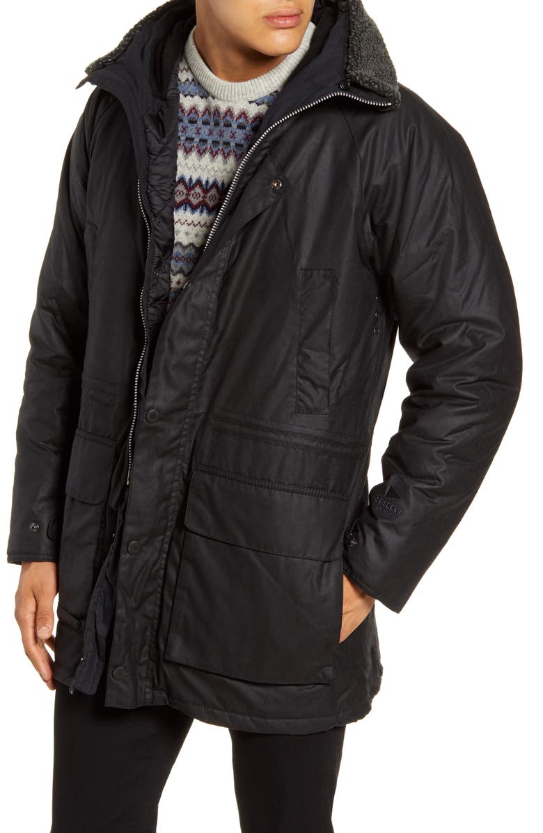 Barbour Fenton Hooded Waxed Cotton Jacket, Main, color,