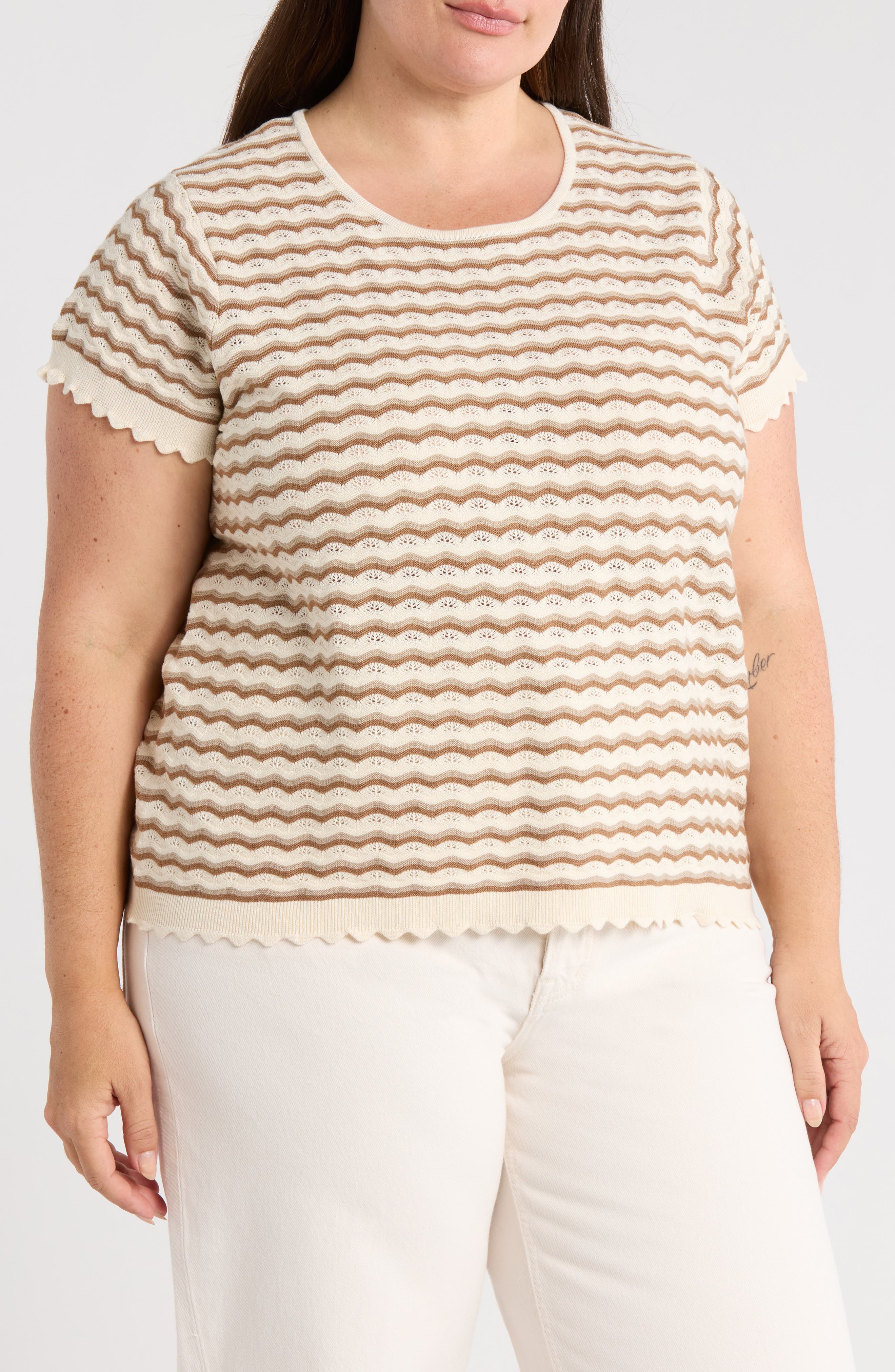 Adrianna Papell Wavy Stripe Short Sleeve Pointelle Sweater
