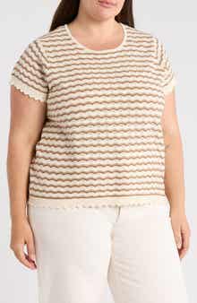 Adrianna Papell Wavy Stripe Short Sleeve Pointelle Sweater