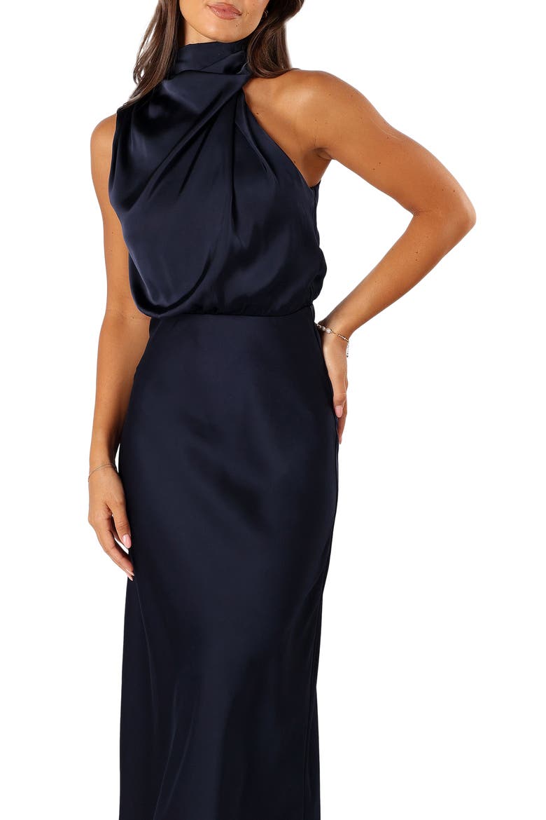 Anabelle Mock Neck Satin Midi Dress, Alternate, color, NAVY