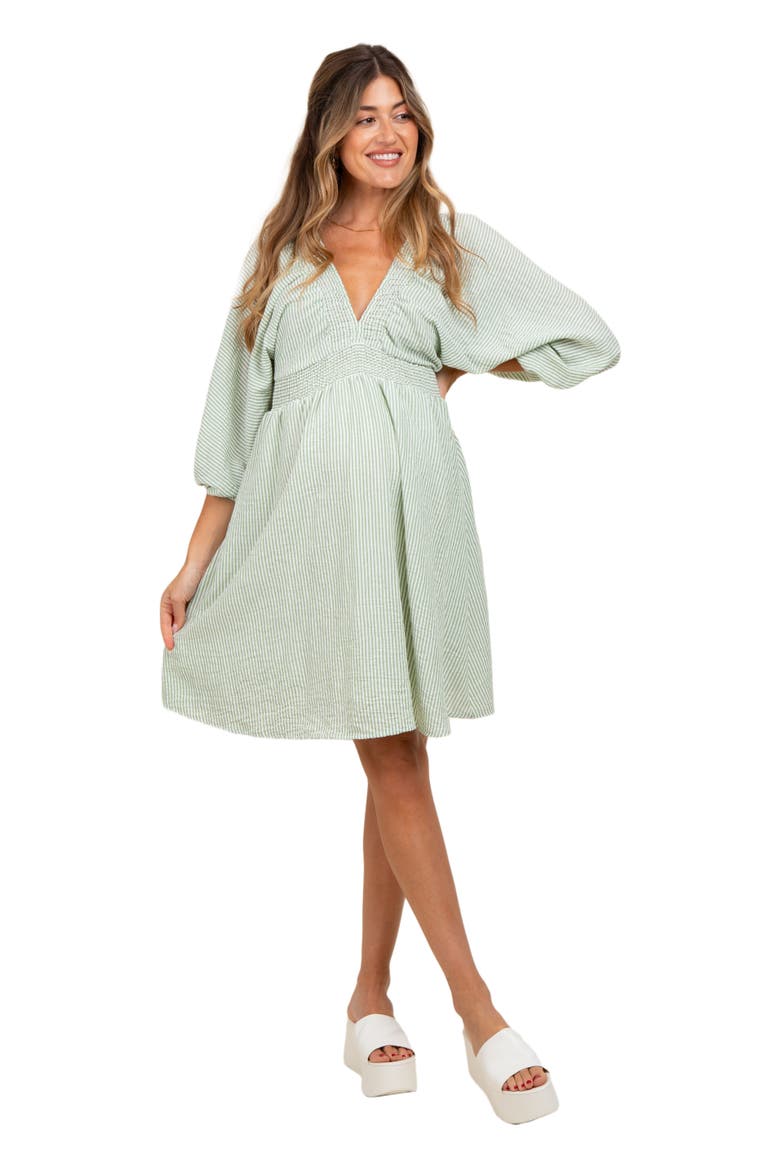 Striped Balloon Sleeve V-Neck Dress, Main, color, Light Olive