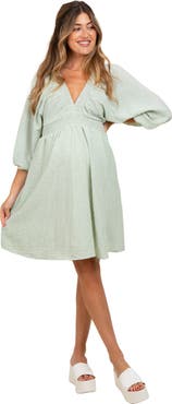 PinkBlush Striped Balloon Sleeve V-Neck Dress