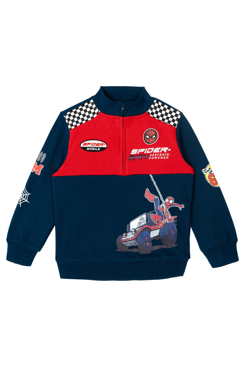 Spider-Man Racing Fleece Quarter Zip Sweatshirt, Main, color, Spider Man Navy Red