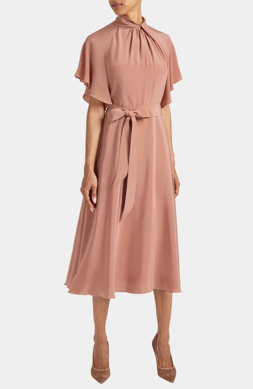 Santorelli Niki Silk Mock Neck Midi Dress With Short Cape Sleeves In Pink