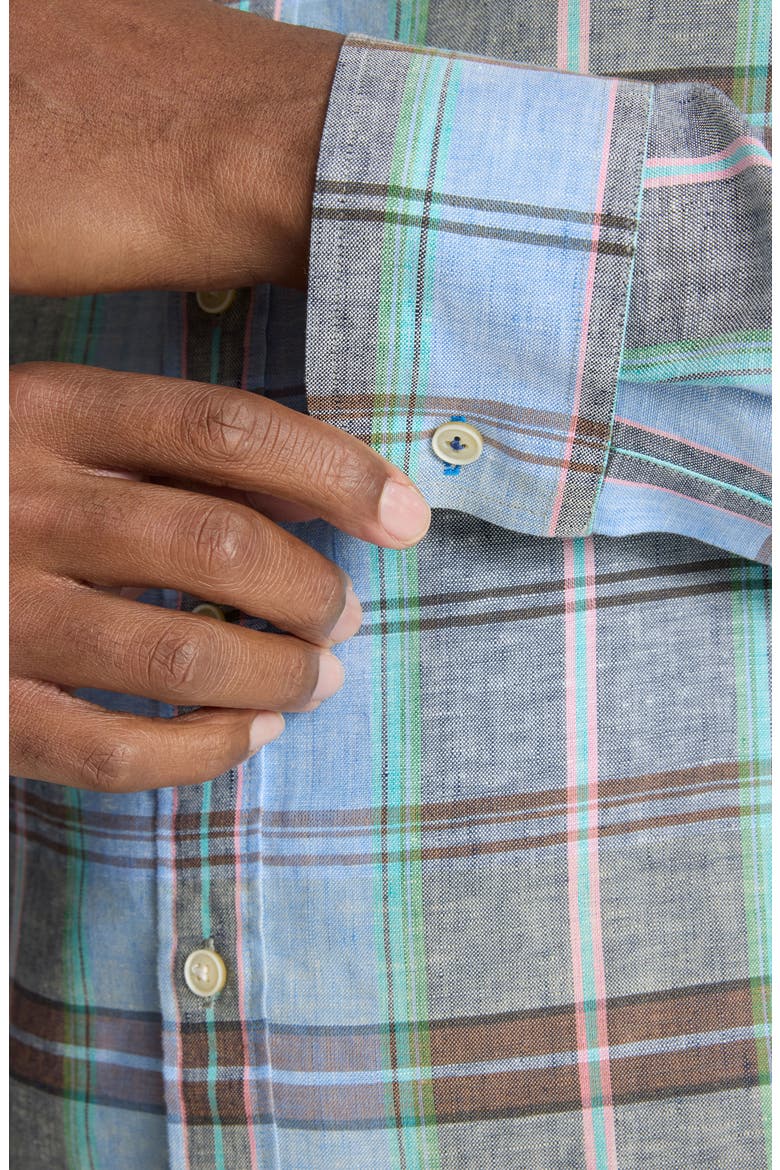Plaid Wrinkle Resistant Linen Button-Up Shirt, Alternate, color, BLUE