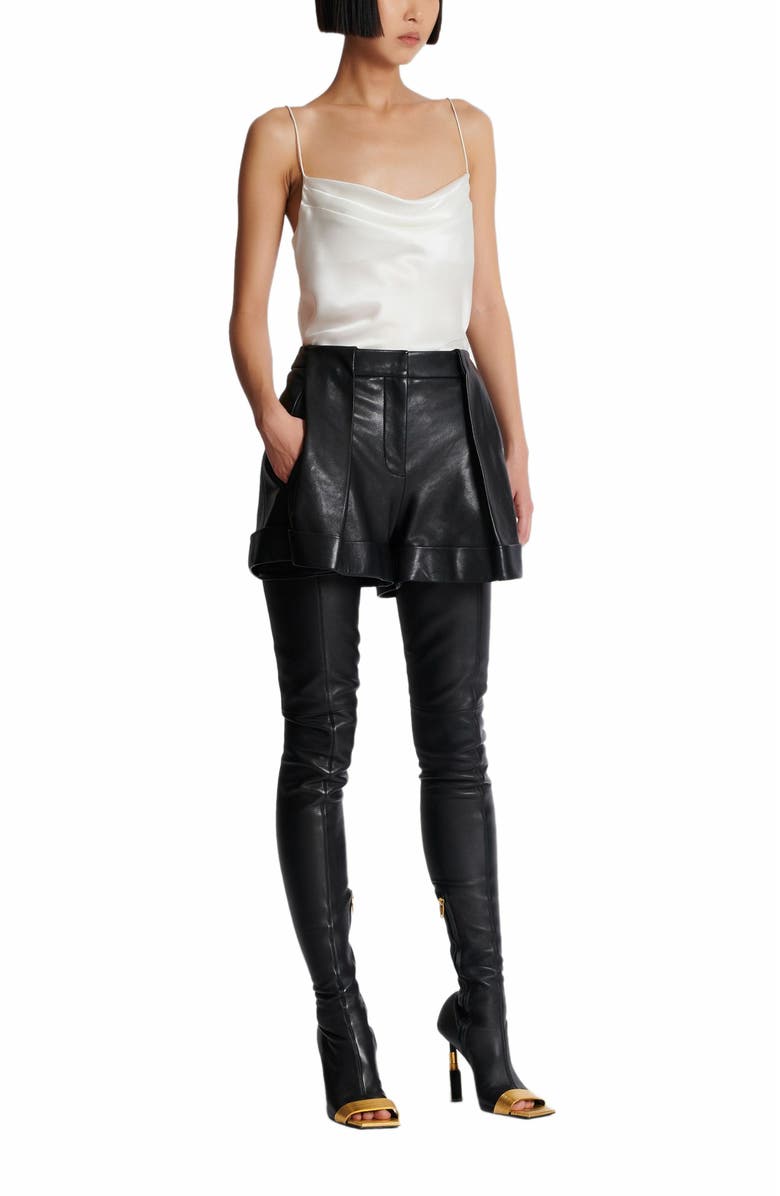 Balmain Pleated Lambskin Shorts, Alternate, color, Black