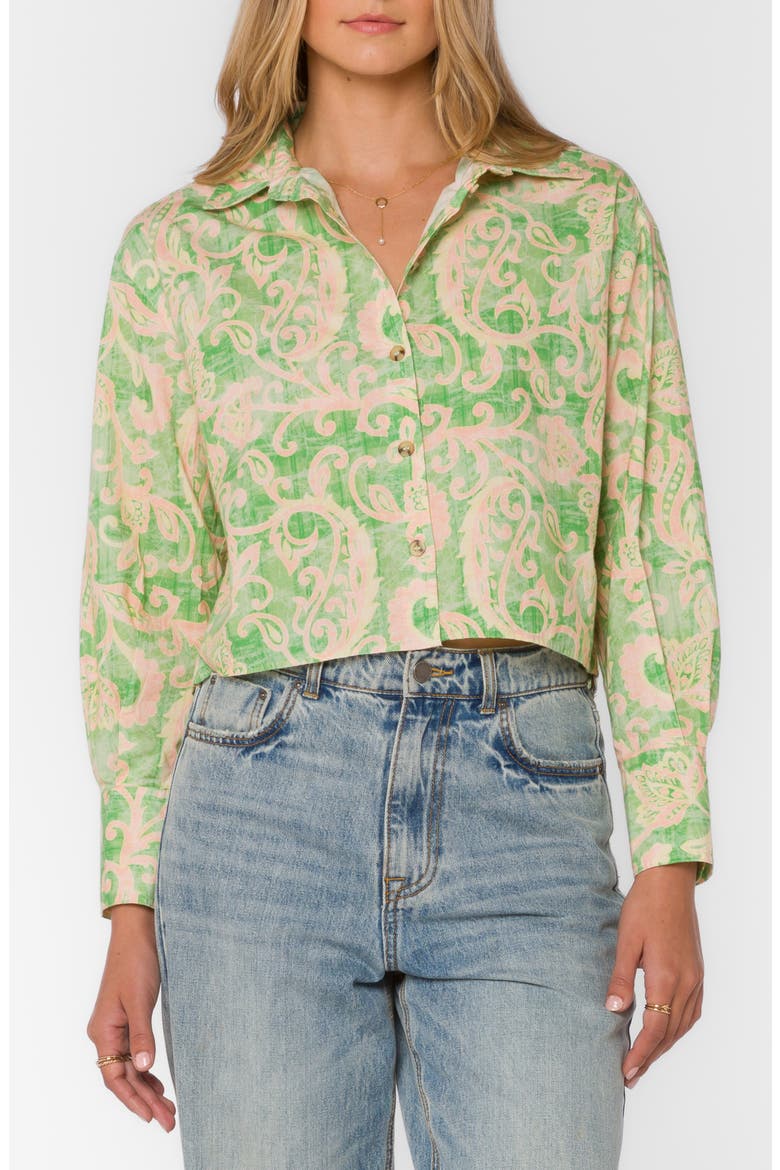 Summerlyn Drop Shoulder Boxy Crop Cotton Button-Up Shirt, Main, color, JACOBEAN FLORAL