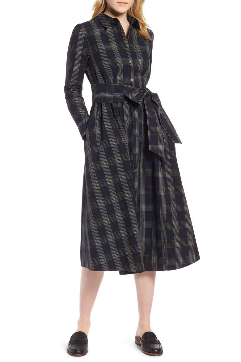 Plaid Midi Shirtdress, Main, color, NAVY MULTI PLAID
