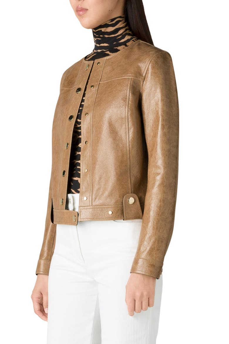 Snap Detail Leather Jacket, Alternate, color, CAMEL