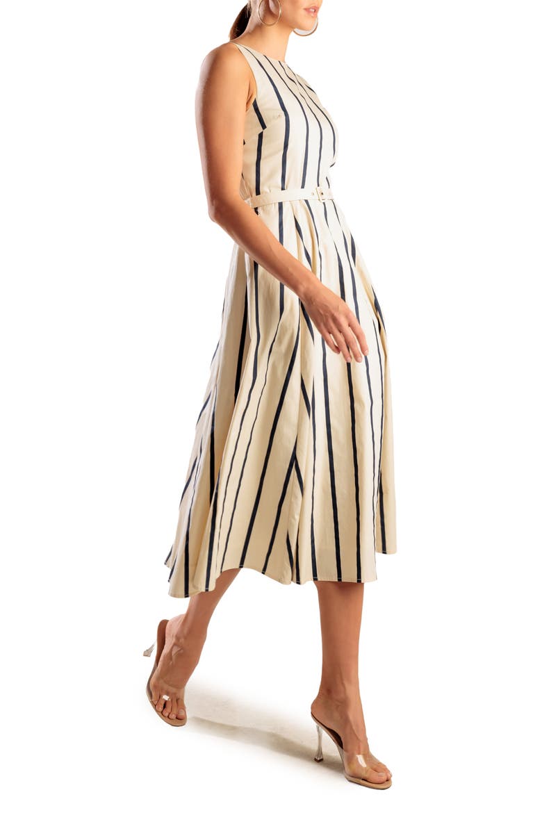 Stripe Sleeveless Belted Cotton Midi Dress, Alternate, color, ECRU/ NAVY