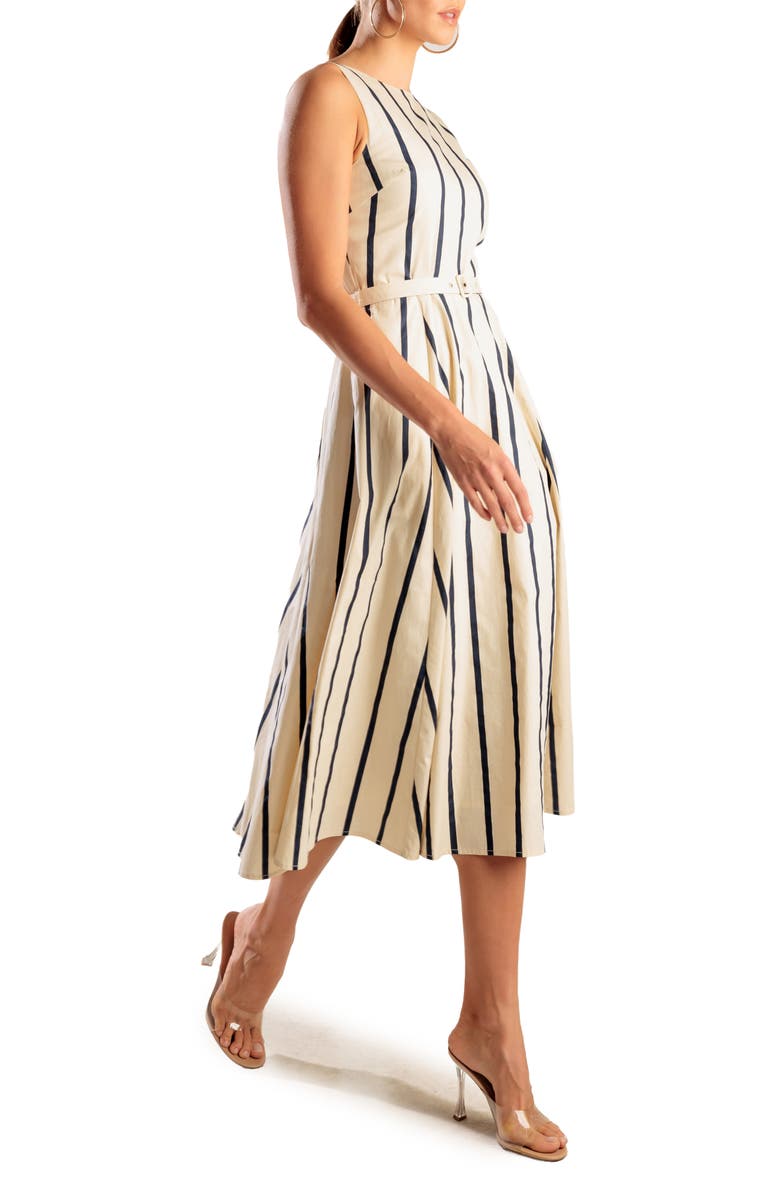 FREEMARKET Stripe Sleeveless Belted Cotton Midi Dress, Alternate, color, Ecru/ Navy