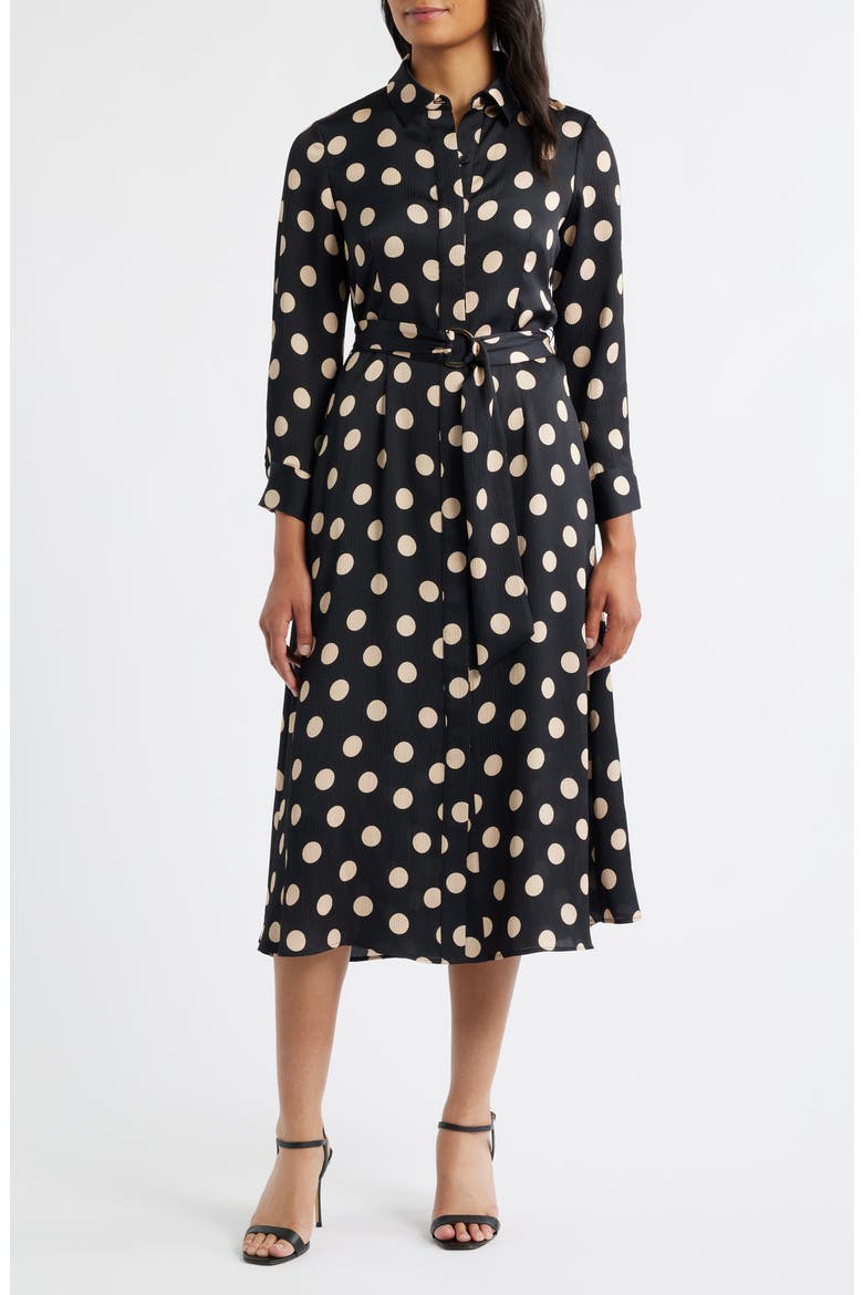 Polka Dot Long Sleeve Midi Shirtdress, Main, color, BLACK MULTI