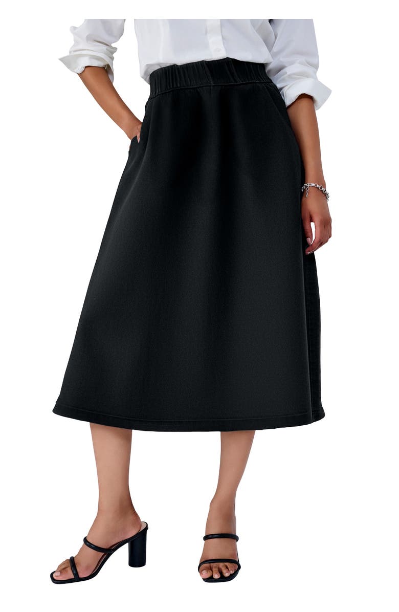 Jessica London Comfort Waist Stretch Denim Swing Skirt, Main, color, Black