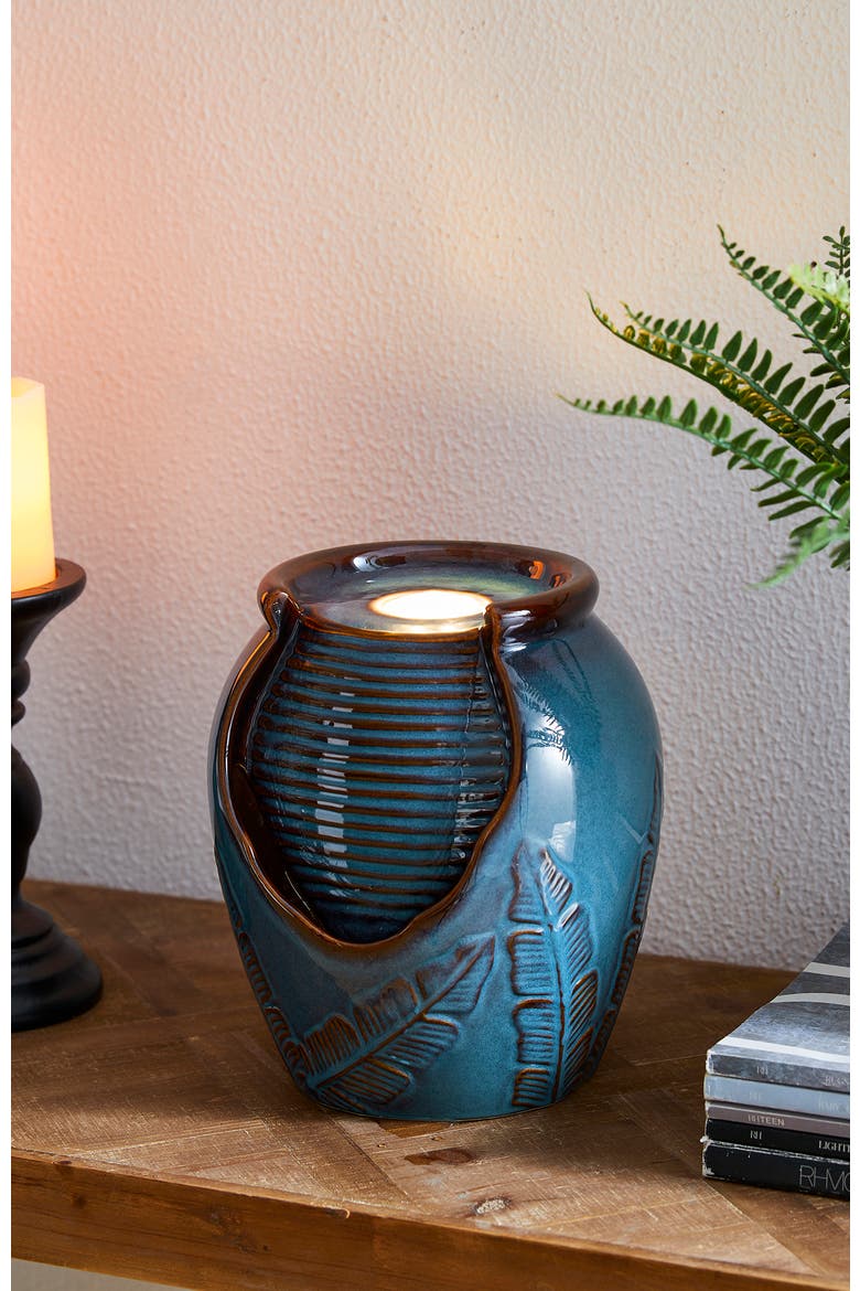 Turquoise Leaf Textured Ceramic Jar Tabletop Fountain with Pump and LED light, Alternate, color, Blue