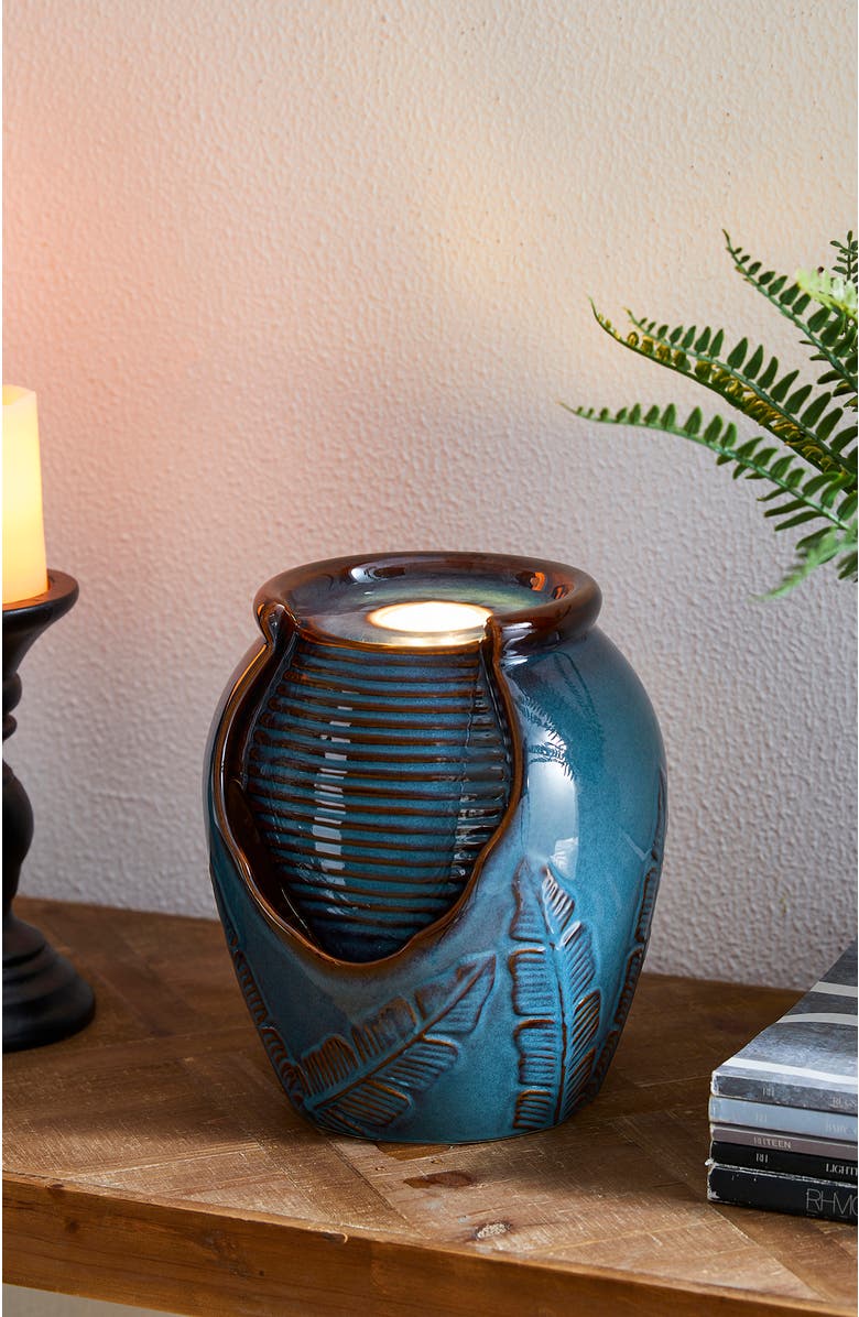 Glitzhome Turquoise Leaf Textured Ceramic Jar Tabletop Fountain with Pump and LED light, Alternate, color, Blue