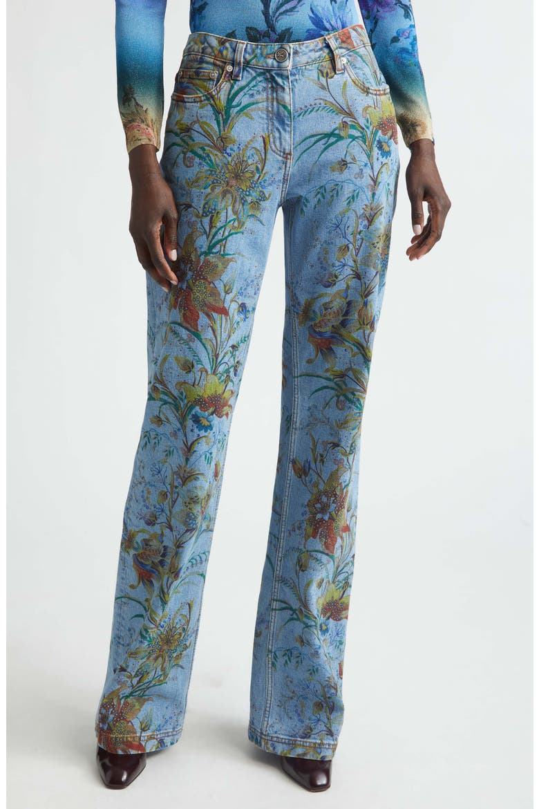 Floral Print Flared Jeans, Main, color, PRINT ON PALE BLUE BASE
