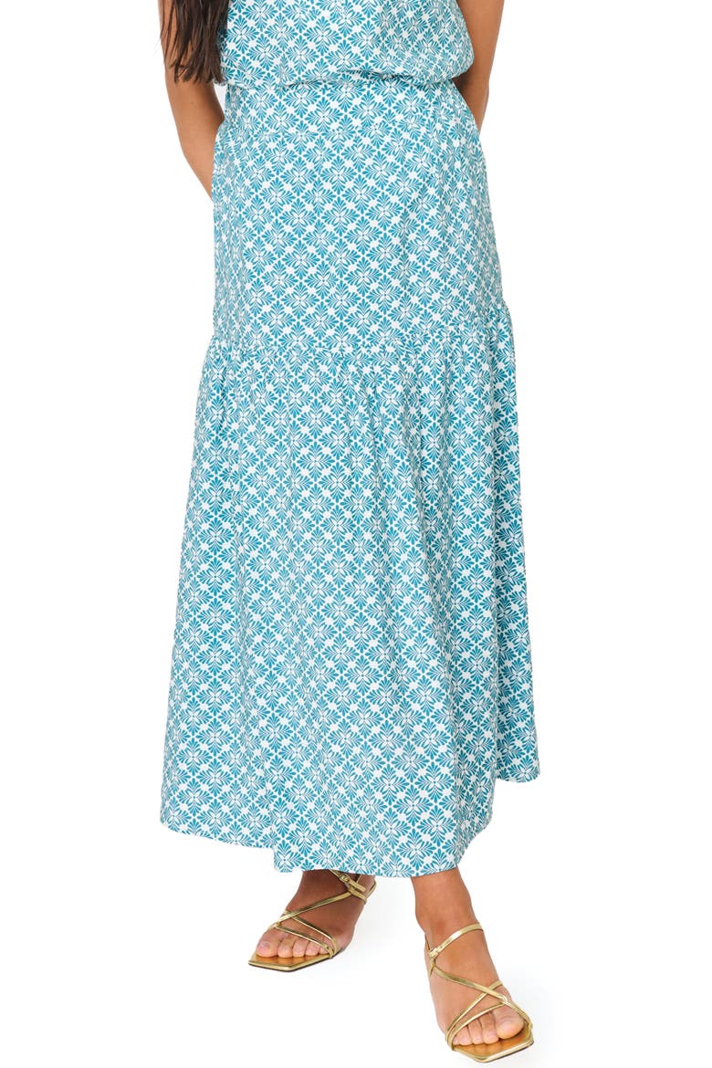 Playa Floral Tiered High Waist Maxi Skirt, Main, color, TEAL LEAF TILE